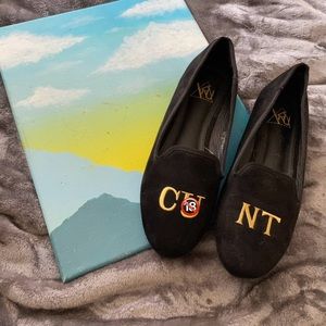 Y.R.U Dolls Kill “C*NT” Black Velvet Ballet Flats Gold Embroidery Shoes